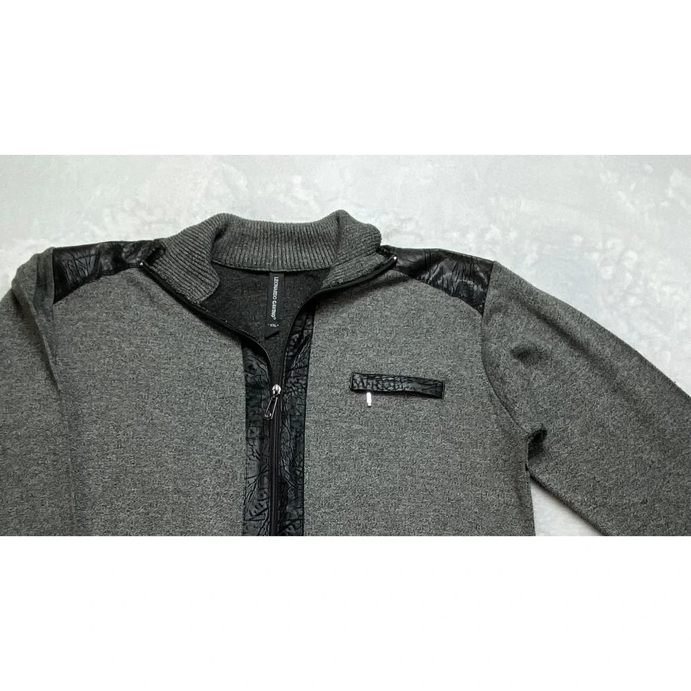 Leonardo Gavino Mens XXL Full Zip Sweater Gray Knit Faux Leather Trim Mock Neck‎